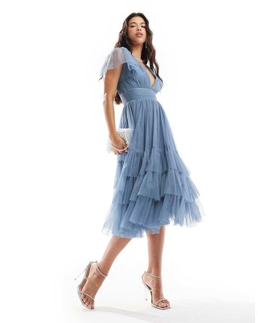 LACE & BEADS Blue Madison V Neck Tulle Midi Dress