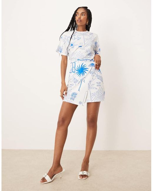 Never Fully Dressed Mini Jurk Met Gestrikte Taille En Palmprint in het Blue