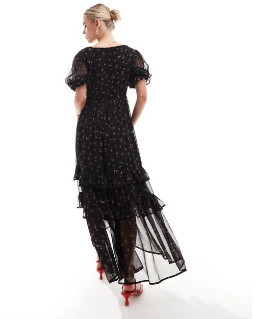 Asos design petite - robe mi-longue boutonnée à empiècements en dentelle et ourlet volanté - noir imprimé fleurs ASOS en coloris Black