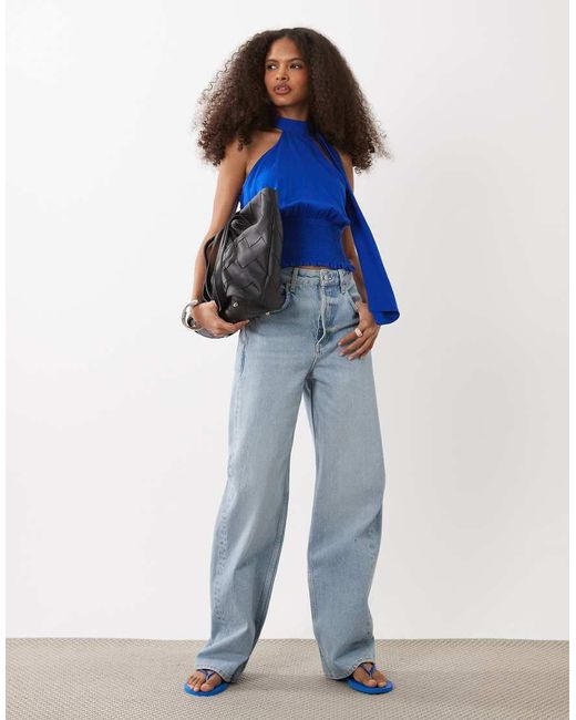 Mango Blue Teen Asymmetric Ruched Waist Top