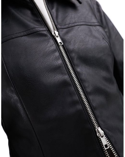 Monki Blue Faux Leather Two Way Zipper Short Bomber Jacket