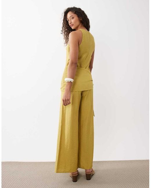 ASOS Yellow Satin Crinkle Jumpsuit With Scarf Waist Detail