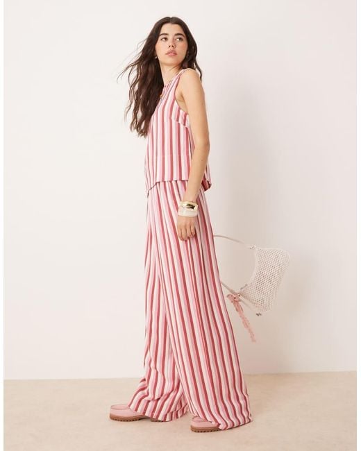 ASOS Pink Linen Blend Stripe Pull On Wide Leg Trouser