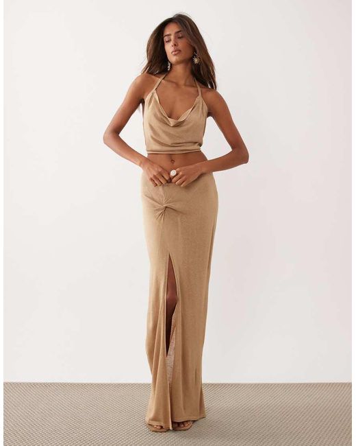 Miss Selfridge Natural Glitter Knit Twist Detail Maxi Skirt
