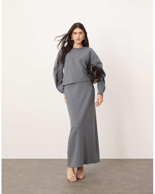 ARRANGE Gray Textured Jersey Boxy Top Co-ord With Pleat Sleeve Detail