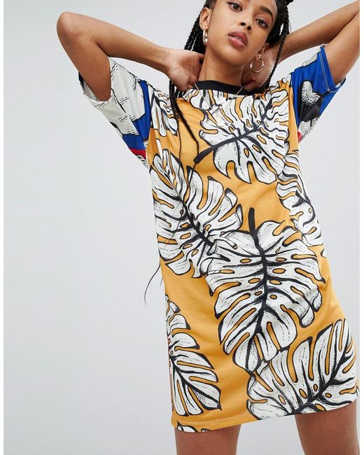 adidas Originals Cotton X Farm Three Stripe T-shirt Dress In Pineapple  Print | Lyst