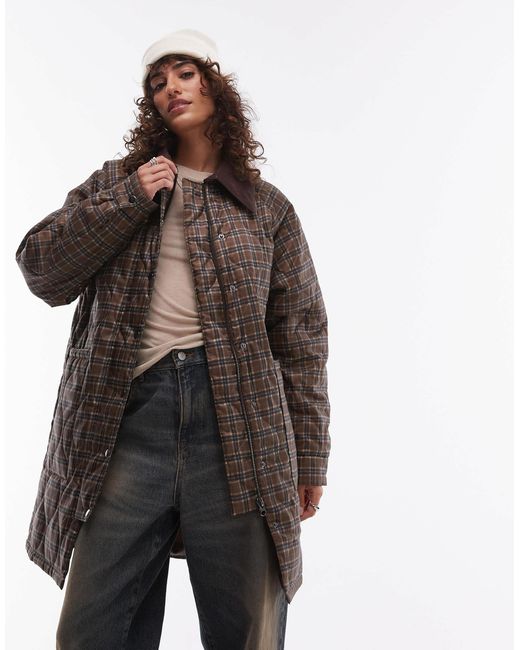 TOPSHOP Brown Check Long Nylon Coat With Cord Collar