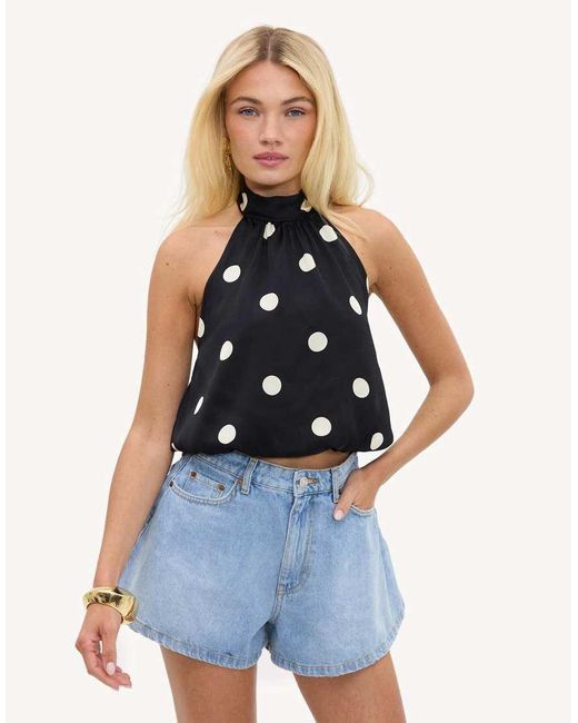 Loavies Blue Go Your Own Way Halter Top With Off- Polka Dots