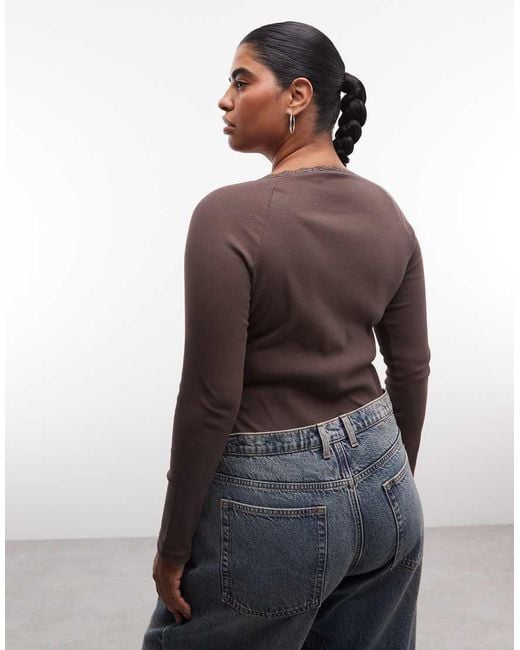 Noisy May Brown Long Sleeve Henley T-Shirt With Lace Neckline