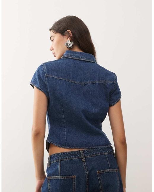 Lioness Blue Varsity S Collar Detail Short Sleeve Contrast Stitch Denim Shirt