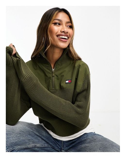 Pull côtelé à col zippé et écusson - olive Tommy Hilfiger en coloris Green