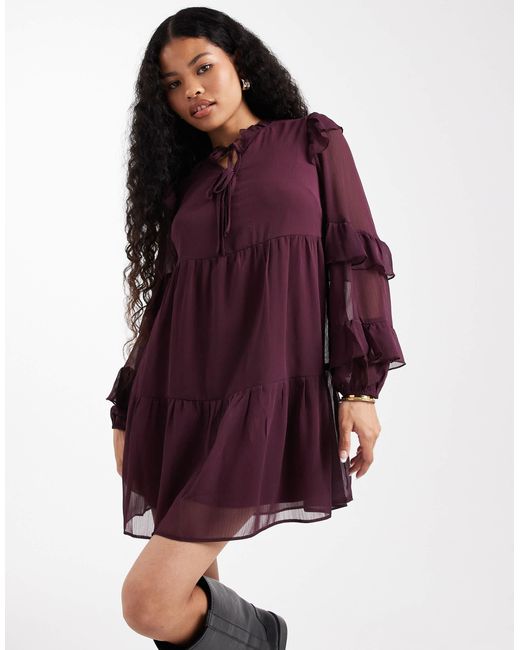 New Look Purple Ruffle Chiffon Long Sleeve Mini Dress