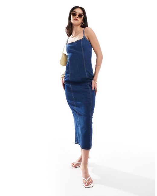 Bershka Blue Strappy Bodycon Denim Shaping Maxi Dress