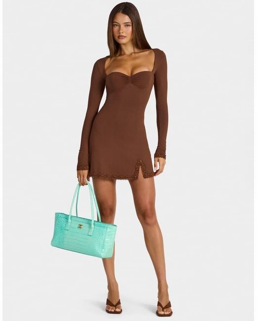 Oh Polly Brown Modal Sweetheart Lace Trim A Line Mini Dress