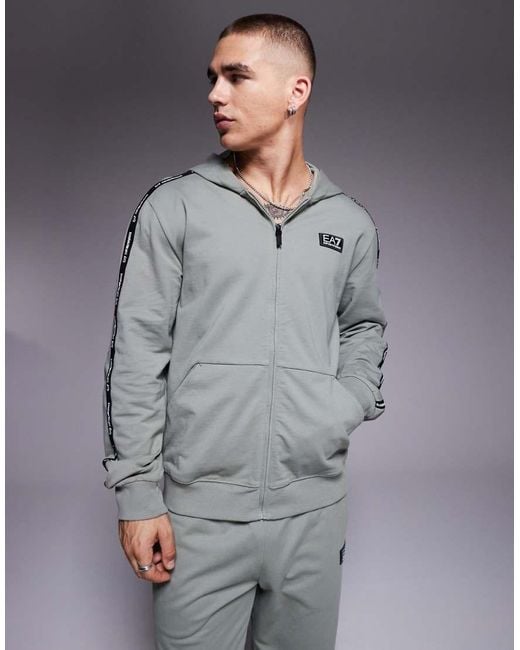 EA7 Gray Armani Zip Hoodie Co-ord With Logo Tape Detail for men