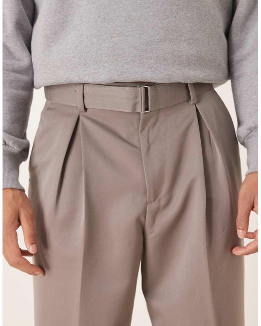 ASOS Natural Smart Pleated Wide Leg Trousers And Belt Detail for men