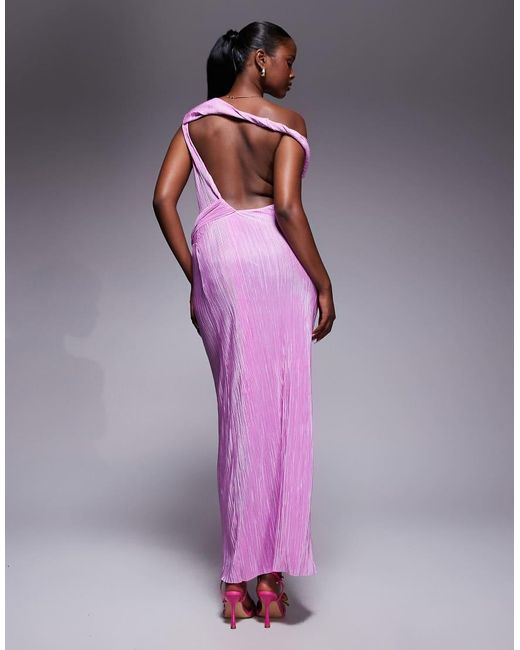 ASOS Purple Twist Fallen Shoulder With Ruching Drape Detail Plisse Maxi Dress