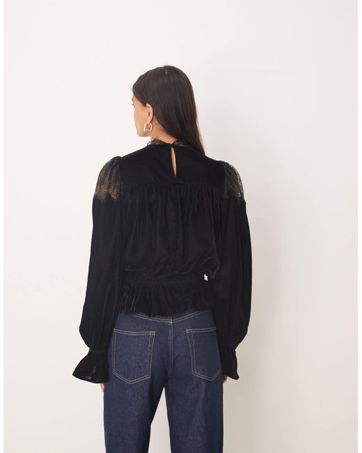 ASOS Blue Velvet And Lace Mix High Neck Long Sleeve Blouse
