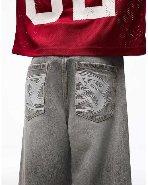 Bershka Gray Embroidered Neobarrel Jeans for men