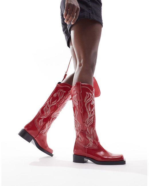 Stradivarius Red Faux Leather Square Toe Western Boots