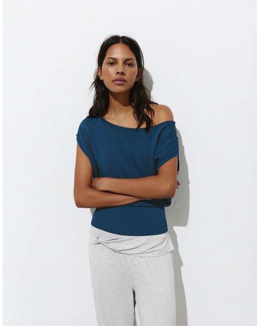 Pull&Bear Blue Asymmetric Short Sleeve Jumper