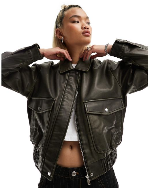 ONLY Black Faux Leather Bomber Jacket With Oversized Pockets