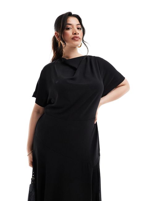 ASOS Black Asos Design Curve Cowl Neck Midi Dress With Asymmetric Pleat Hem