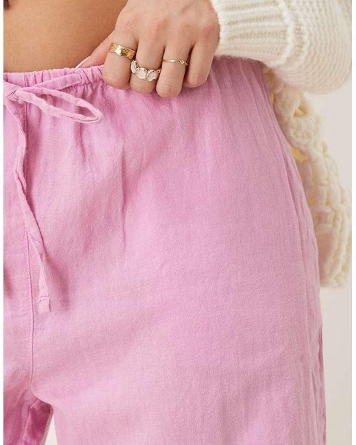 Gina Tricot Pink Wide Leg Linen Blend Trousers With Drawstring Waist