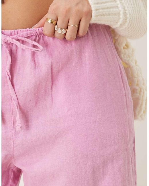 Gina Tricot Broek Van Linnenmix Met Wijde Pijpen En Trekkoord in het Pink
