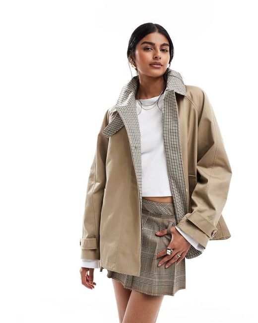 ASOS Natural Oversized Cape Detail Trench With Check Liner