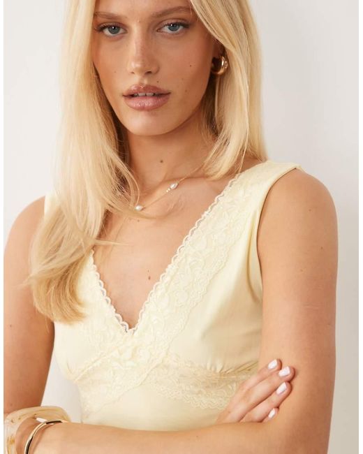 Fashionkilla Natural Exclusive Double Sculpted Slinky Lace Trim V Neck Vest Top Co-ord