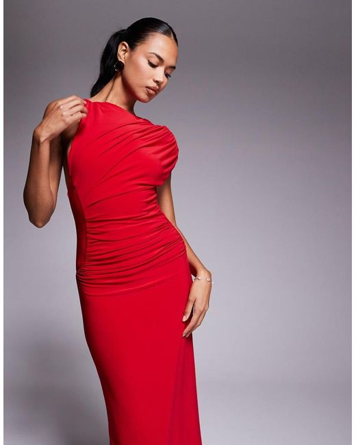 ASOS Red Slinky Maxi Dress With Shoulder Pad And Sculpted Seams