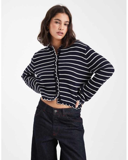 Miss Selfridge Blue Striped Blanket Stitch Cardigan