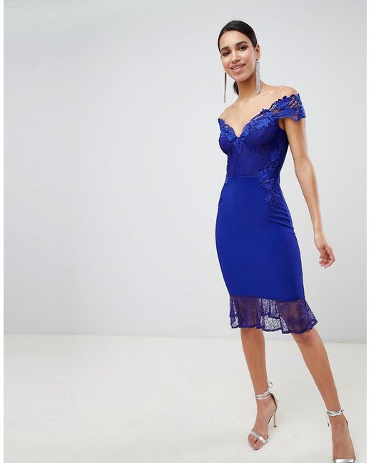 Lipsy Blue Lace Bardot Flippy Hem Midi Dress