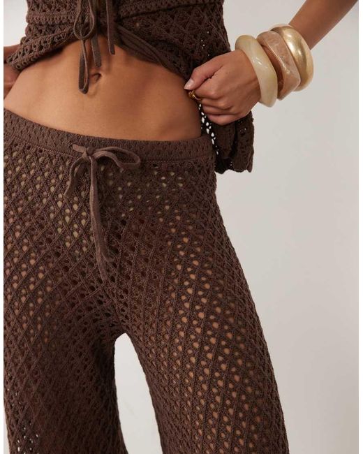 4th & Reckless Brown Cotton Blend Crochet Tie Waist Wide Leg Beach Trousers Co-Ord
