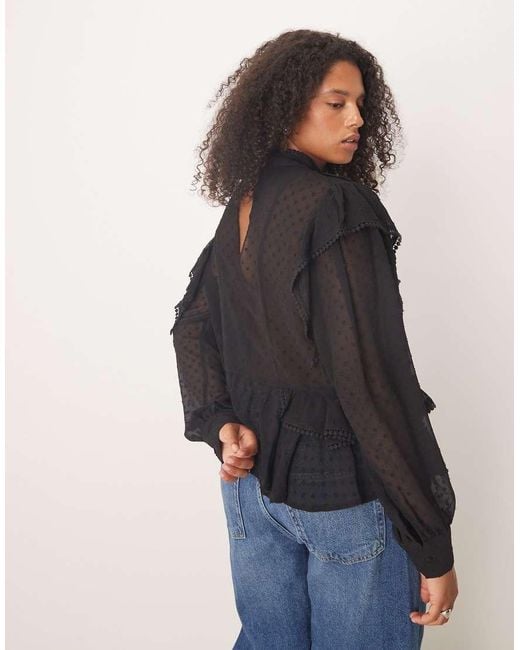 ASOS Black Asos Design Curve Ruffle And Embroidery Detail Long Sleeve Blouse