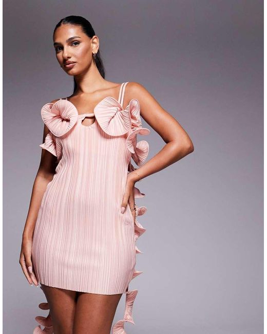 ASOS Pink Double Cami Strap With Curly Detail Plisse Mini Dress