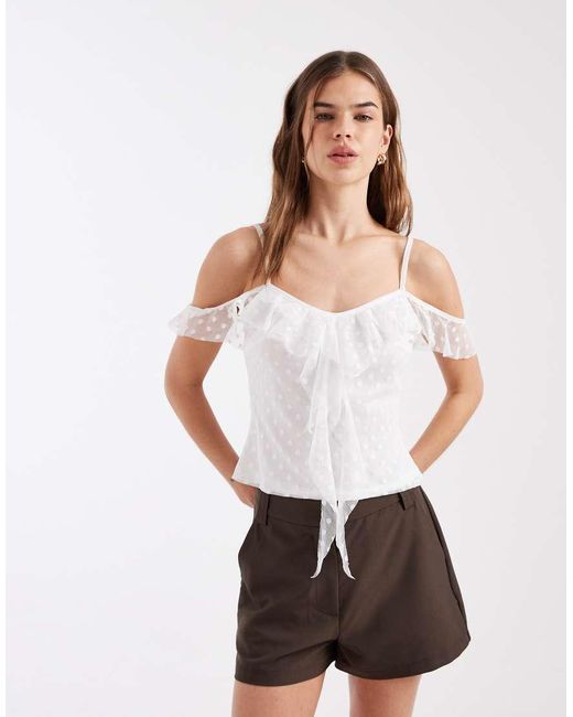 Miss Selfridge White Ruffle Front Cold Shoulder Top