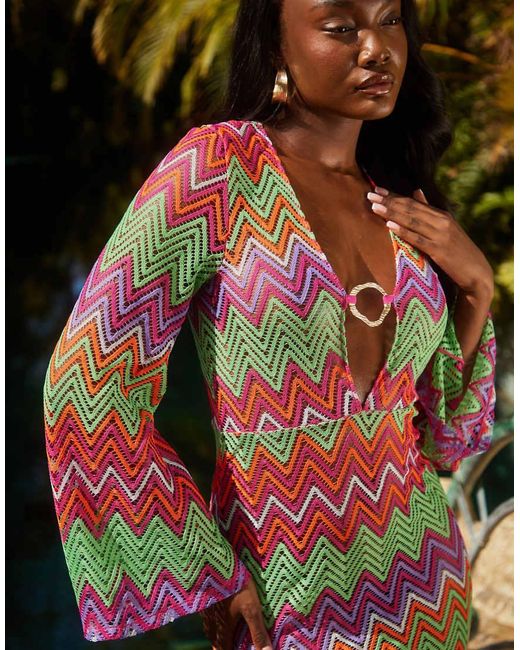 South Beach Zigzag Crochet Maxi Beach Dress With Ring Detail in Green |  Lyst UK
