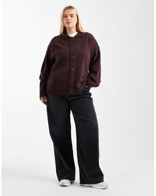 ASOS Brown Asos Design Curve Knitted Collar Shirt Cardigan With Seam Detail