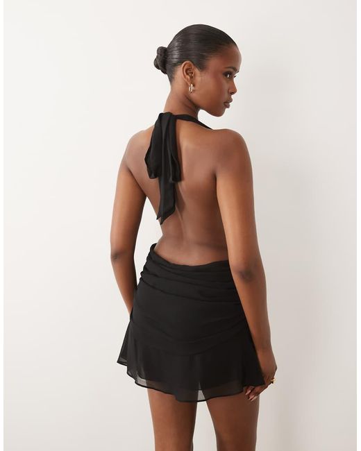 Oh Polly Natural Plunging Halter Neck Backless Mini Dress