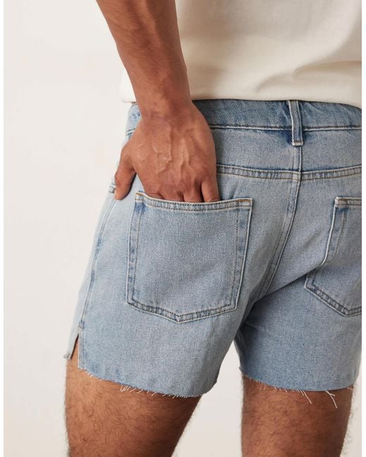 ASOS Natural Shorter Length Slim Denim Shorts With Rip Detail for men