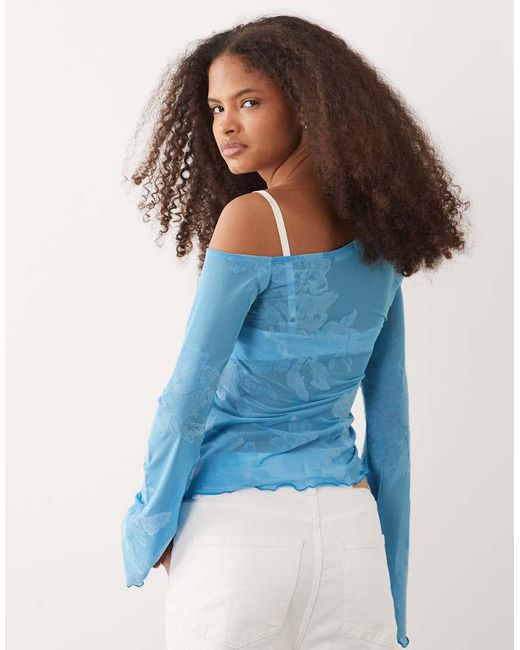 ASOS Brown Flocked Floral Asymmetrical Angel Sleeve Top