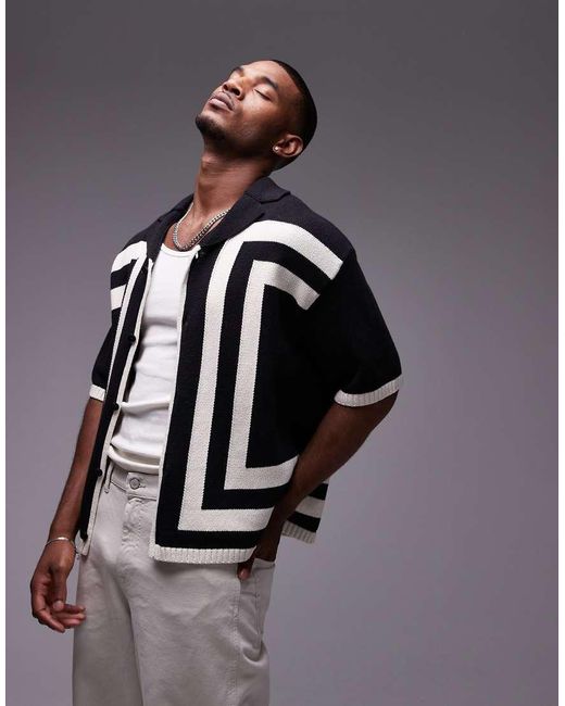 Topman Black Knitted Crochet Vertical Stripe Button Through Shirt for men