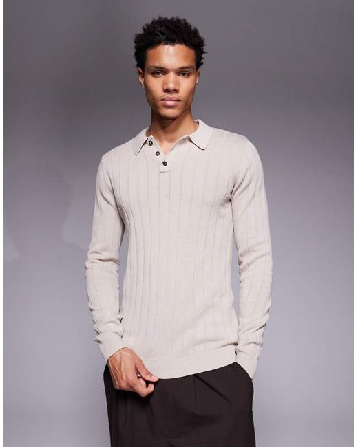 Polo Entallado De Manga Larga De Punto De Canalé De -Neutro ASOS de hombre de color Gray
