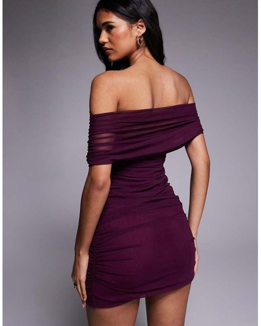 ASOS Purple Draped Shoulder Mesh Mini Dress With Ruching