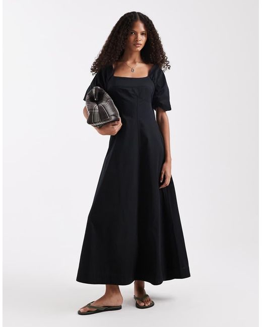ASOS Black Square Neck Structured Cotton Midi Dress With Back Strap