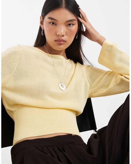 & Other Stories Yellow Pure Cotton Ribbed Waist Open Neck Light Knitted Top