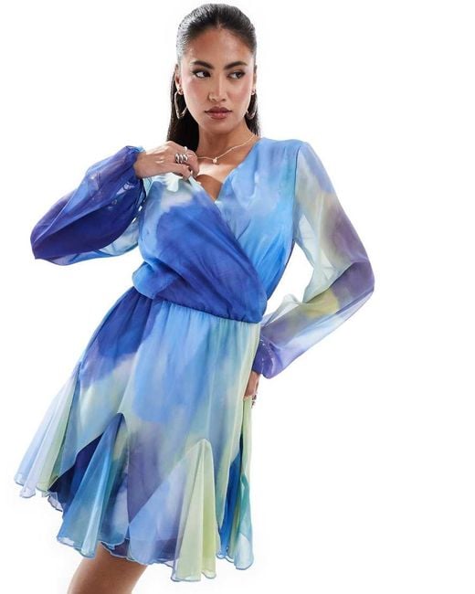 In The Style Blue X Perrie Sian Satin V Neck Floaty Mini Dress