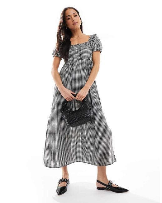 Wednesday's Girl White Puff Sleeve Gingham Midaxi Dress
